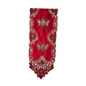 Christmas Pointsetta Red Sequined Table Runner 68" Gold Trim See Description